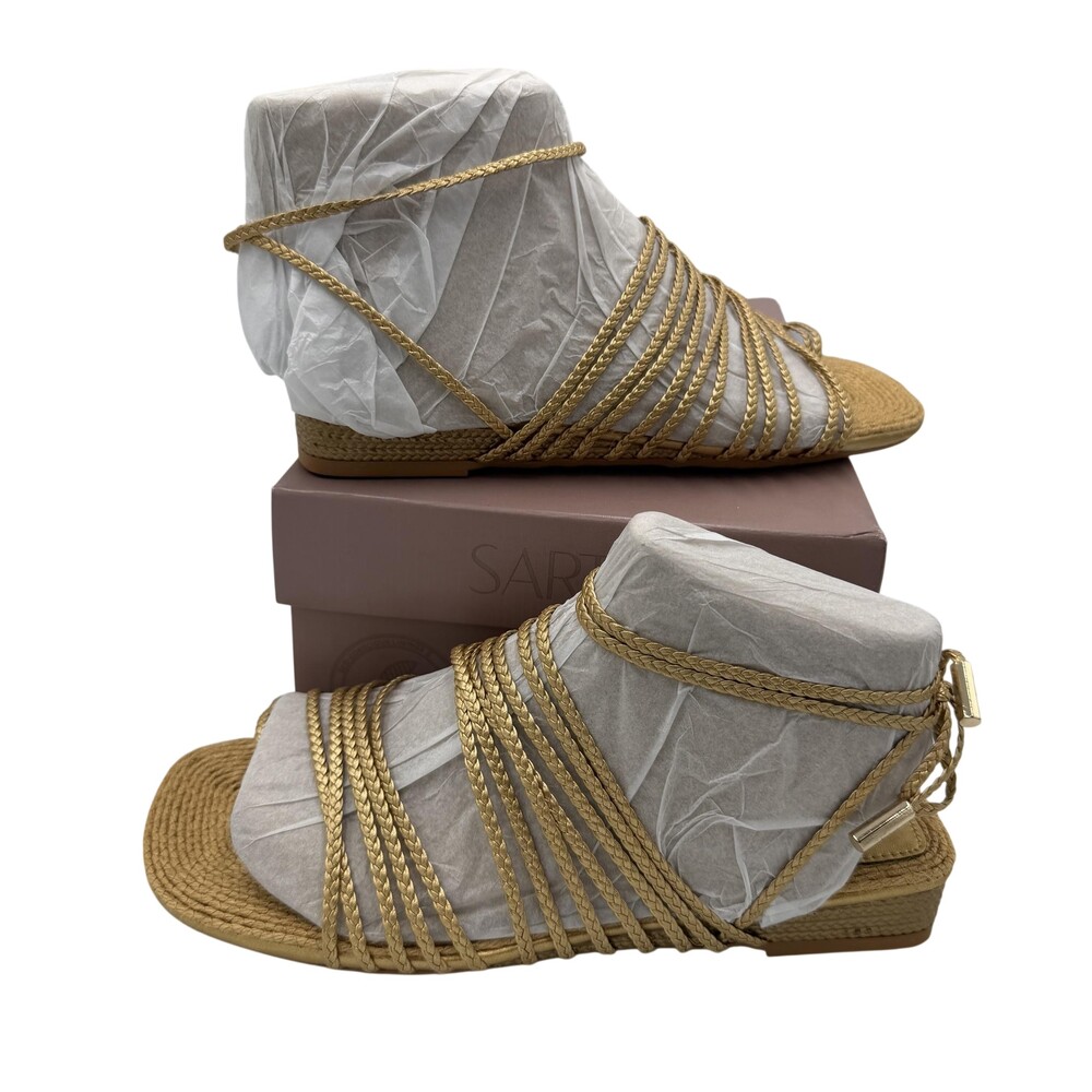 Sarto A-IONA Sandals Womens Size 5.5 Gold Strappy Flat Lace Up Wrap Shoes